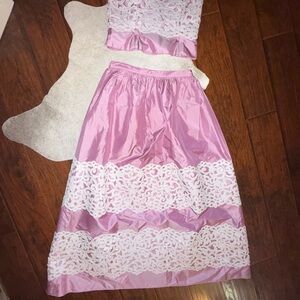 Shiny Pink Chetta B Top And Skirt Set With White Floral Details